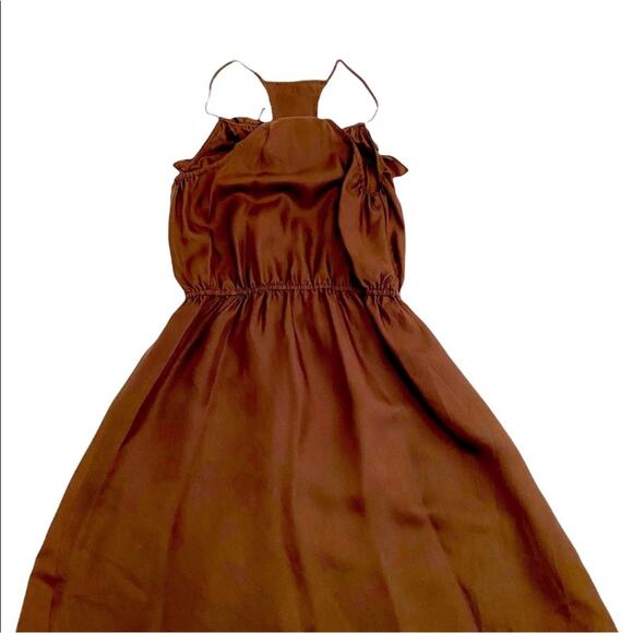 WM New York Design Brown Silk Ruffle Front Dress, Size Petite Small - Picture 4 of 13